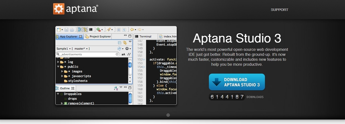 Sitio web Aptana Studio 3, una de las mejores opciones de desarrollo web IDE.