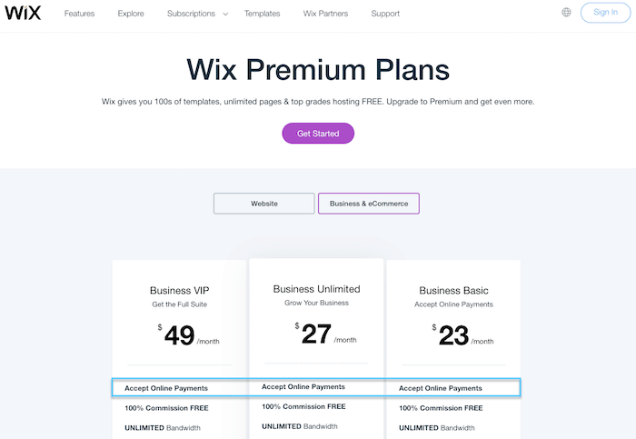 Plan Premium de Wix para empresas y comercio electrónico