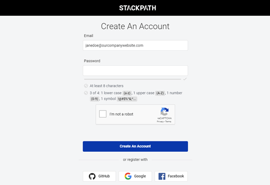 Ingrese sus datos para crear su cuenta StackPath
