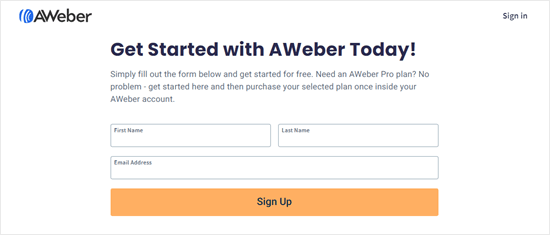 Ingrese su nombre y dirección de correo electrónico para comenzar con el plan gratuito de AWeber