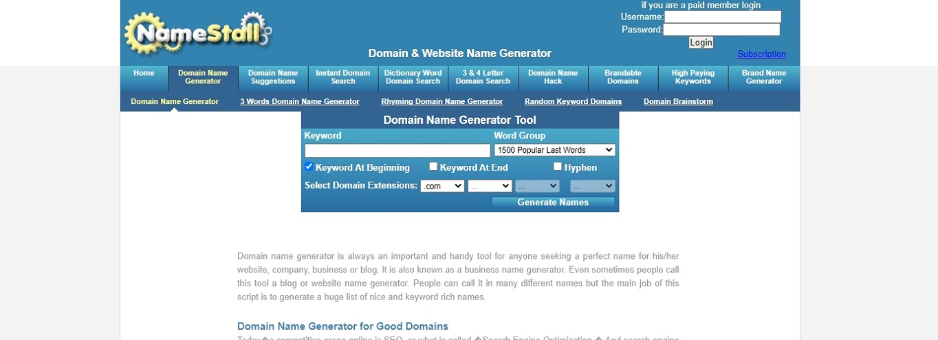 Generador de nombres de dominio NameStall