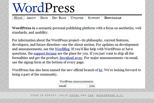 Página de inicio de WordPress.org en 2003