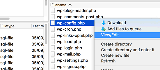 Edite el archivo wp-config.php a través de FTP