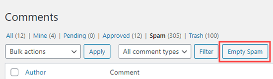 Vaciar spam para eliminar permanentemente todos los comentarios de spam