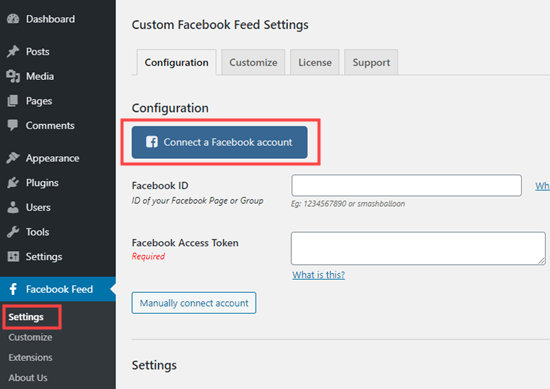 Conecta tu cuenta de Facebook al complemento de Feed personalizado de Facebook