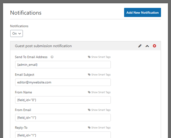 Configuración de correos electrónicos de notificación de publicaciones de invitados en WPForms