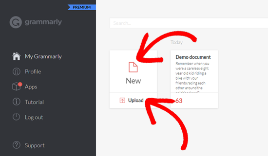 Agregar un nuevo documento en la aplicación web Grammarly