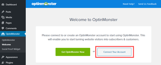Haga clic en el botón para conectar su cuenta de OptinMonster a su sitio de WordPress