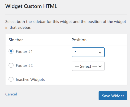 Elija el área y la ubicación del widget HTML personalizado